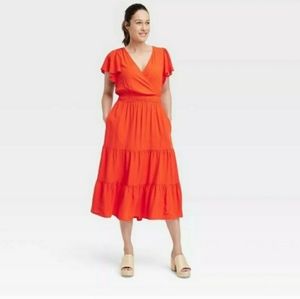 Knox Rose Red/Orange Flutter Short Sleeve Tiered A-Line Dress